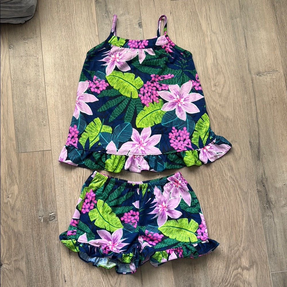 The Children's Place Blue and Green Pajama Set with Ruffle Details